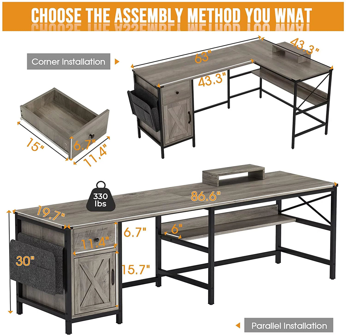 L Shaped Office Desk with Drawer and Storage Cabinet X8893