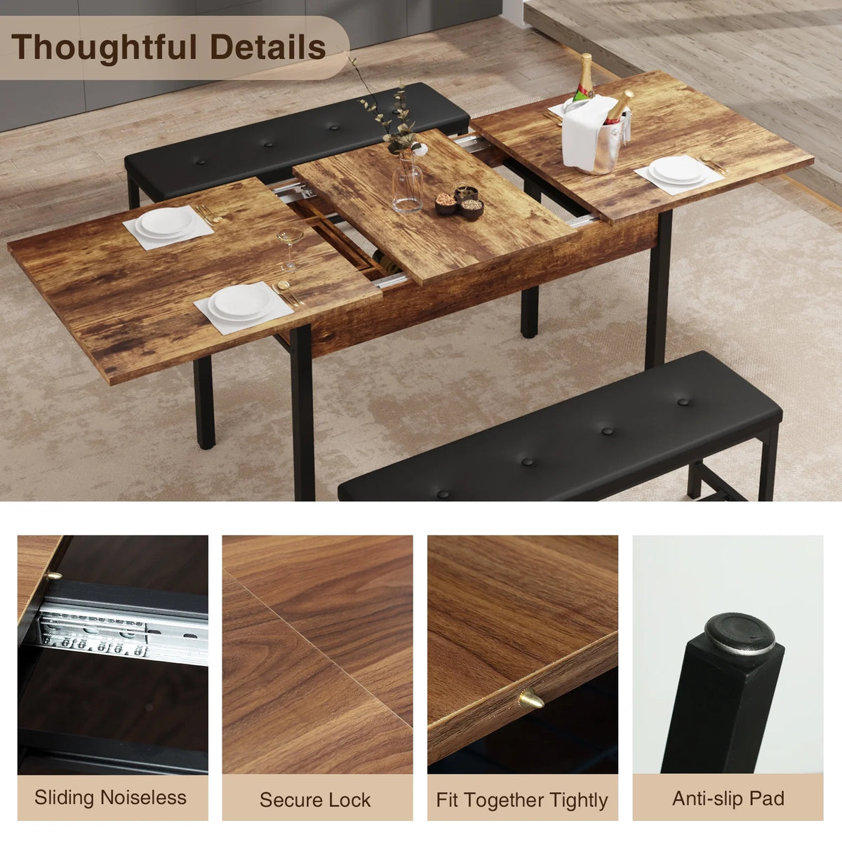 3-Piece Extendable Dining Table Set with Drawer and 2 Upholstered Benches D13119