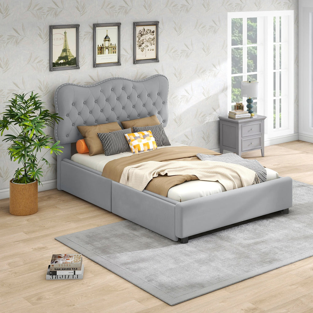 White Upholstered Queen Bed with 4 Drawers B303