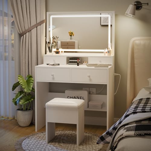 White Vanity Desk with Lighted Mirror and Charging Station H44138