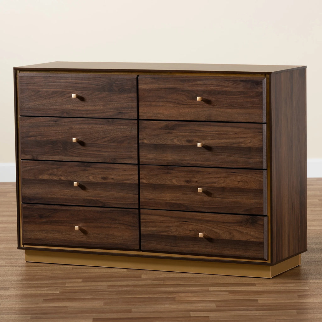 Walnut Brown Wood and Gold Metal 8-Drawer Dresser Q15883