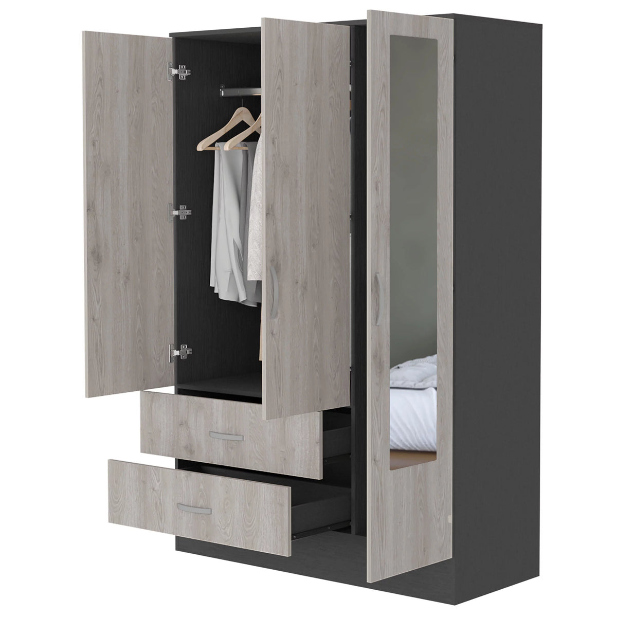 2-Drawer Small Armoire with Mirror Door Black Wengue and Light Gray J908