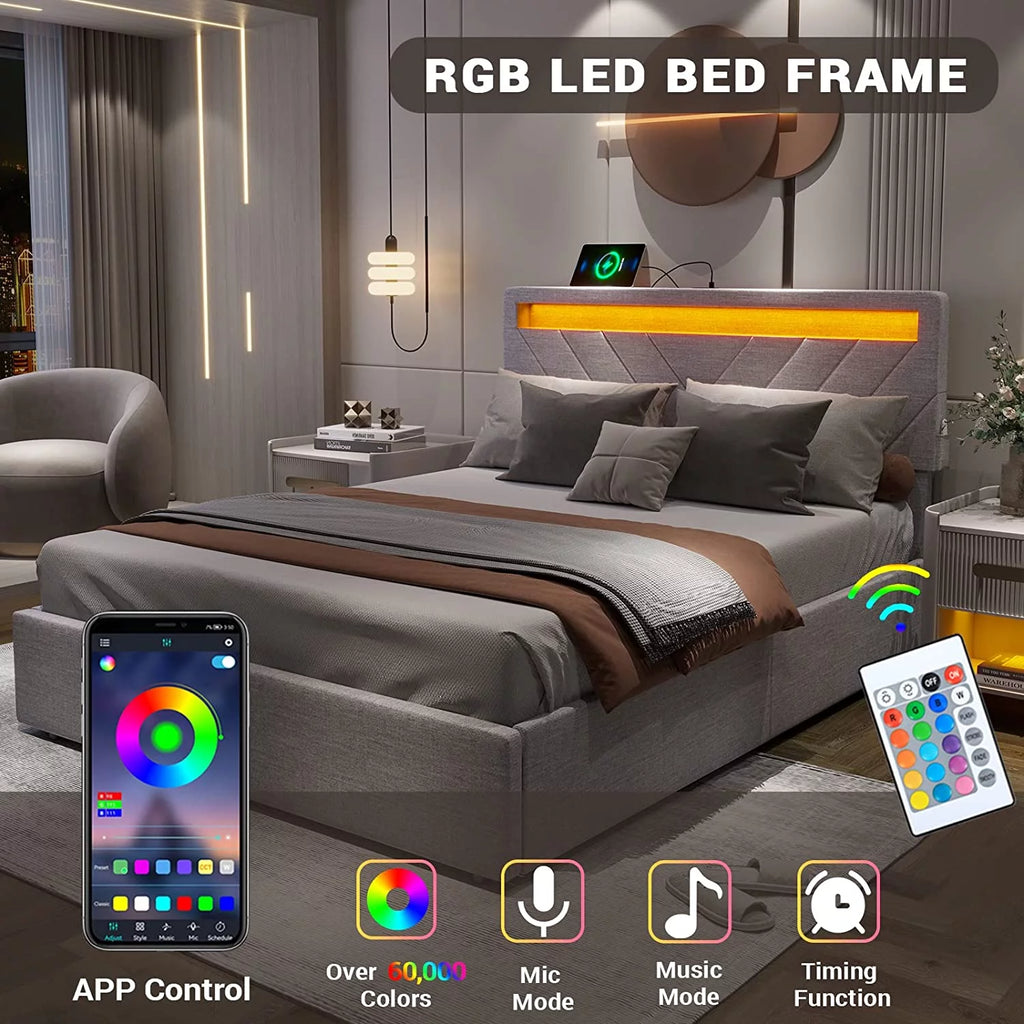 Full Bed Frame with LED Lights Headboard, USB Charging Station and 4 Drawers J956371