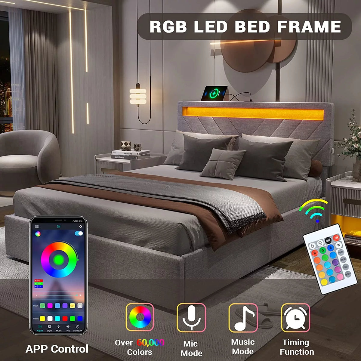 Full Bed Frame with LED Lights Headboard, USB Charging Station and 4 Drawers J956371