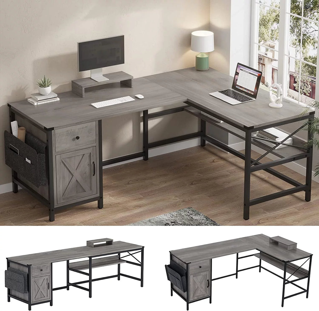L Shaped Office Desk with Drawer and Storage Cabinet X8893