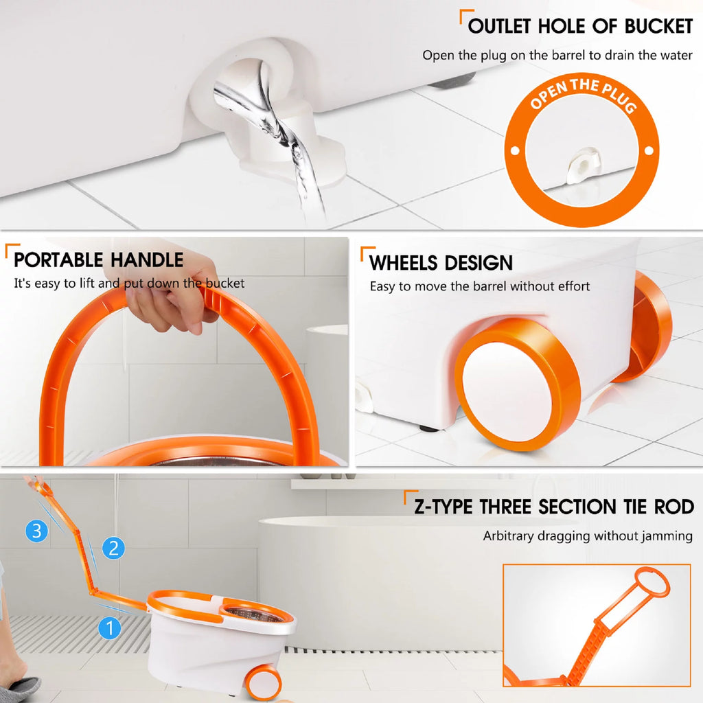 Spin Mop and Bucket System with Wringer Set, 6 Microfiber Mop Heads N167