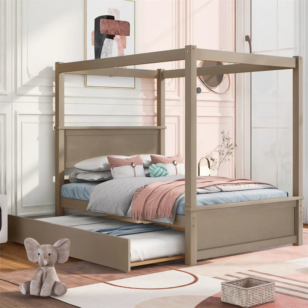 Full Size Canopy Platform Bed with Twin Trundle E635034