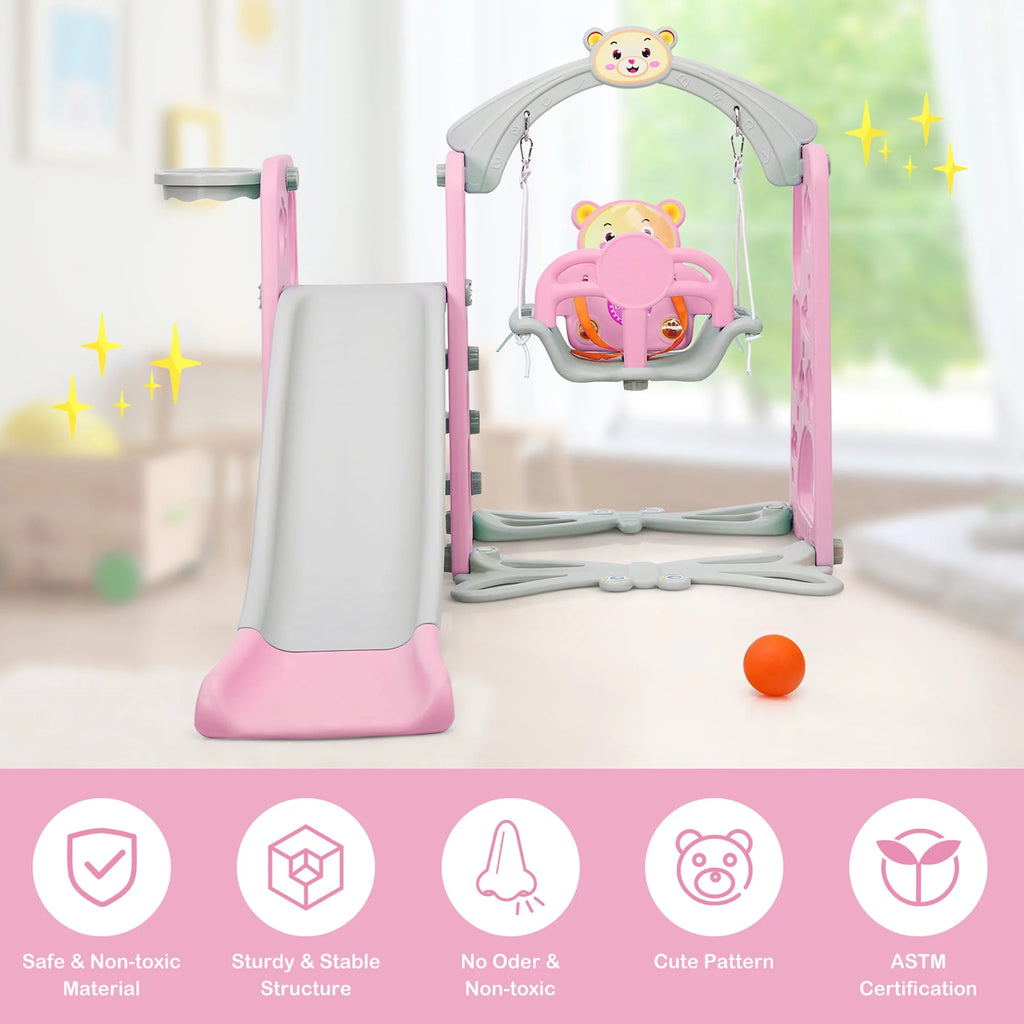4-in-1 Toddler Climber and Swing Set with Basketball Hoop Pink V27059
