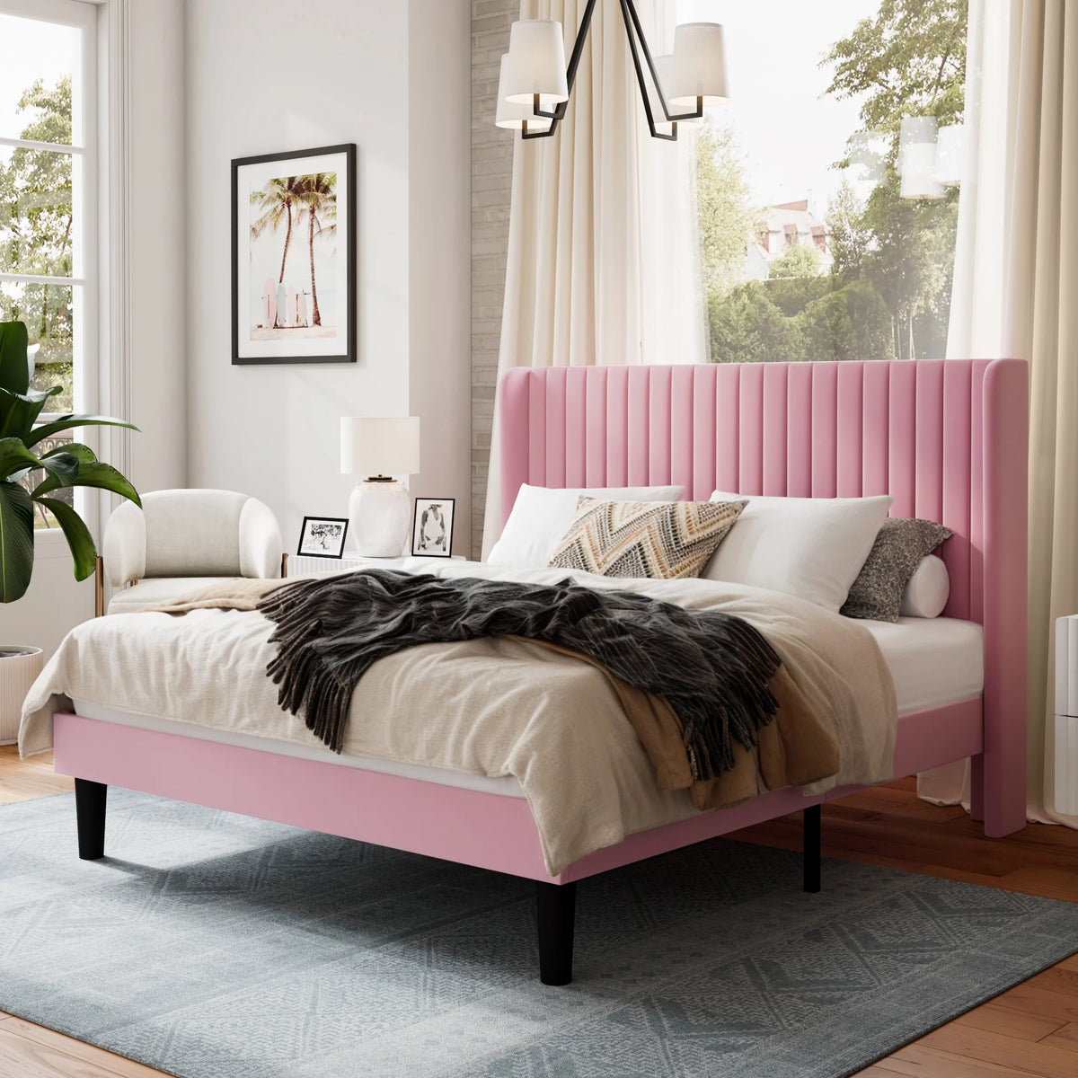 Queen Size Velvet Upholstered Platform Bed Frame Y714365