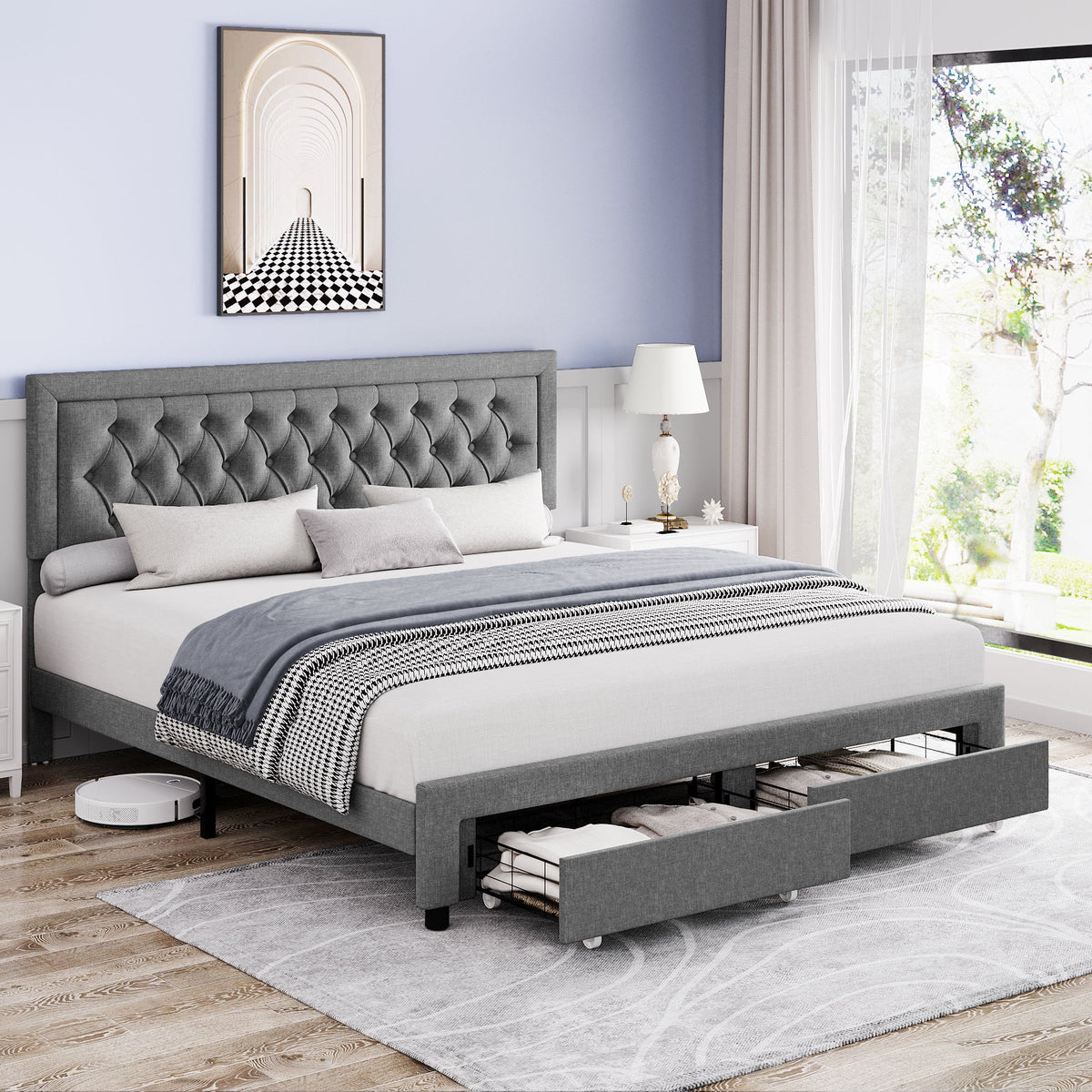 Queen Size Black PU Leather Upholstered Platform Bed Frame F301