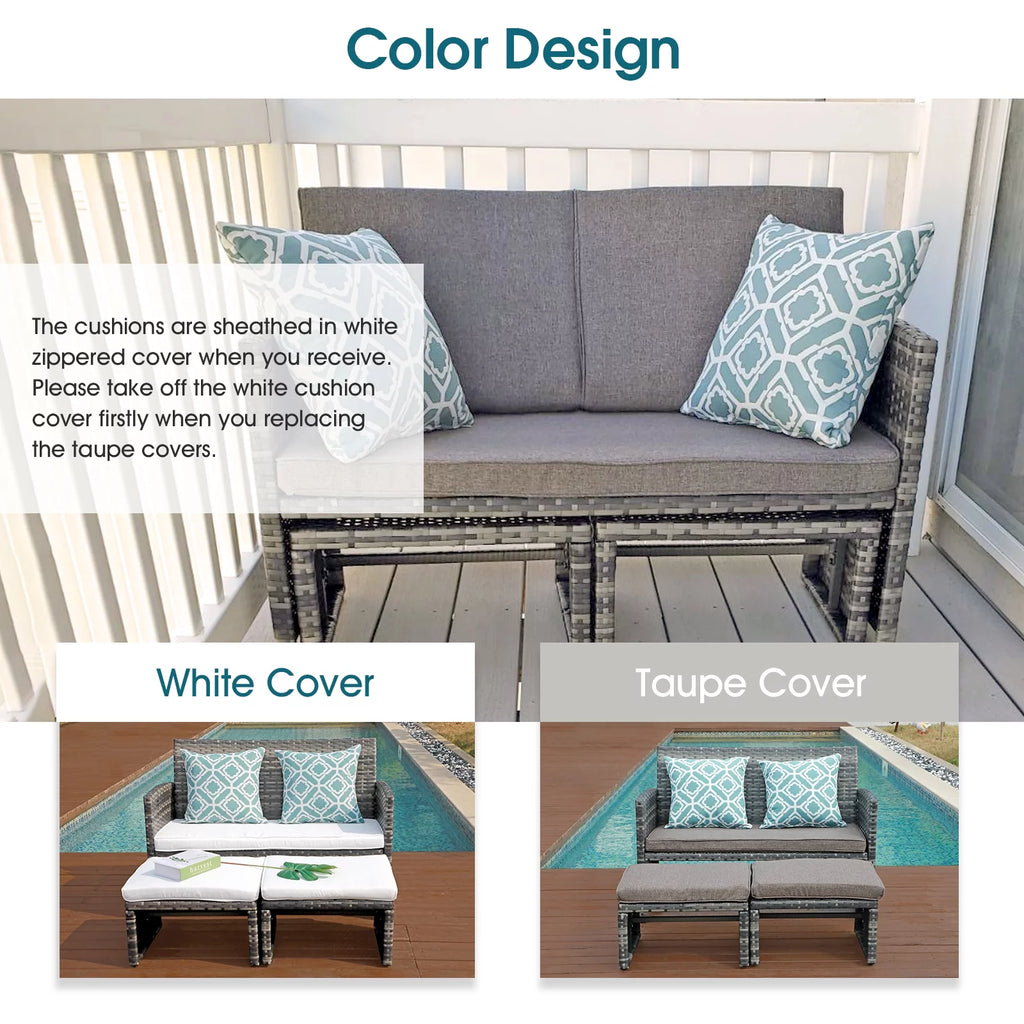 Wicker Rattan Loveseat Chairs with Ottomans P133