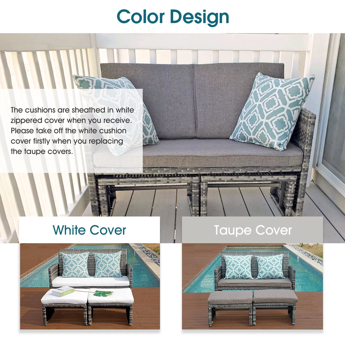 Wicker Rattan Loveseat Chairs with Ottomans P133