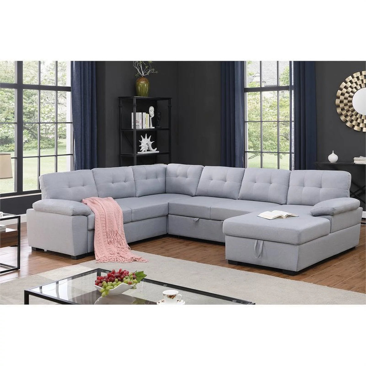 5-Seat Fabric Sleeper Sectional Sofa with Storage Z369