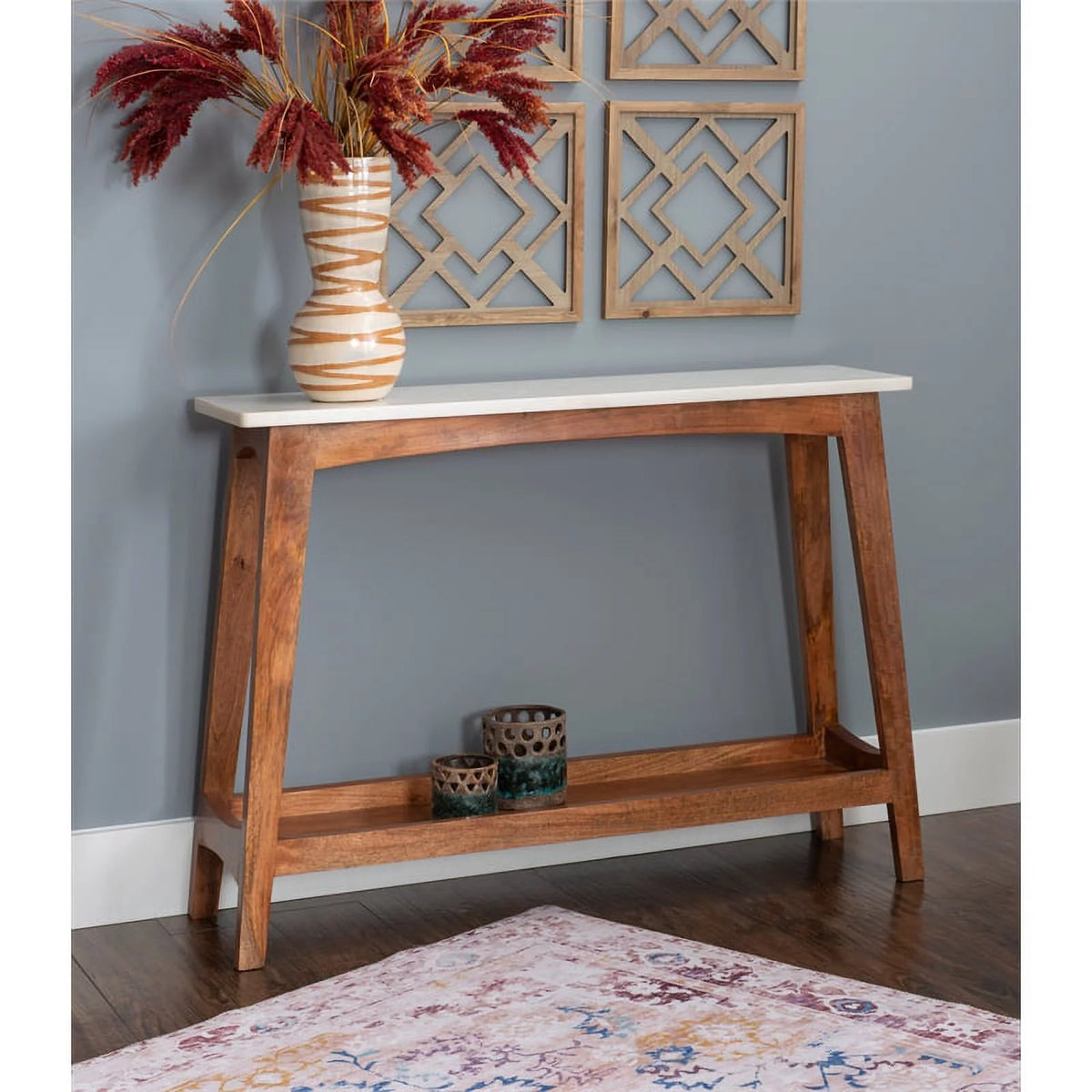 Brown Mango Wood and Marble Console Table E195