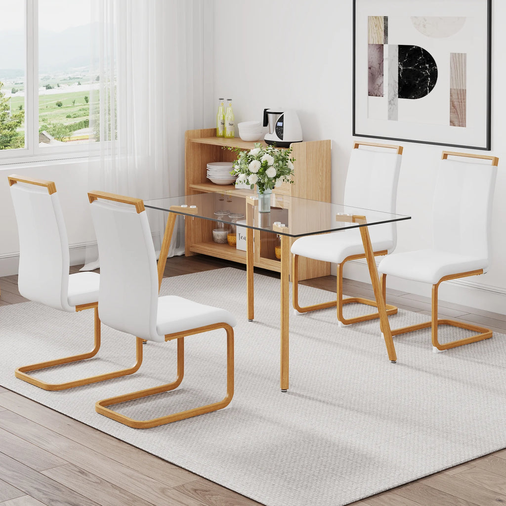 5 Piece Glass Dining Table Set with 4 White Chairs A93024
