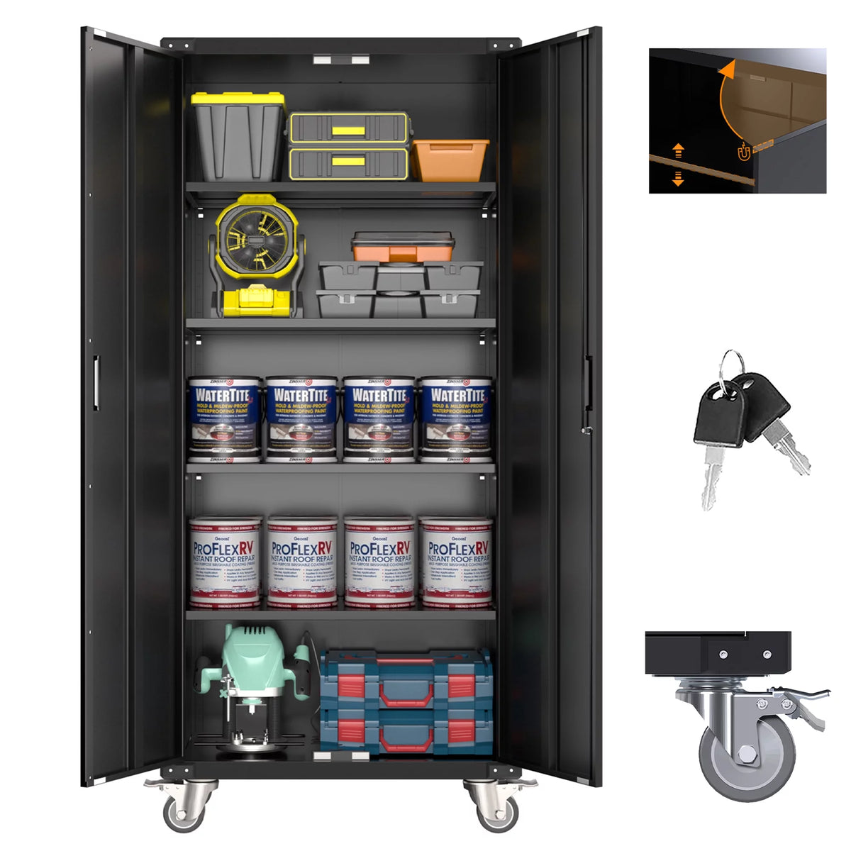 Metal Storage Cabinet with Lock, 72In Steel Storage Cabinet with Wheels, Black G315978