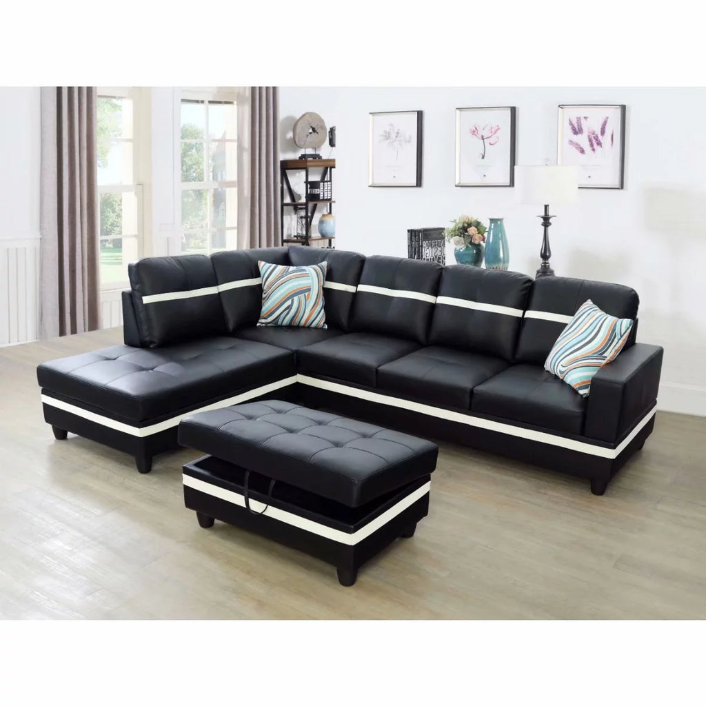 Black Leather 3PC L-Shaped Sectional Sofa H28734