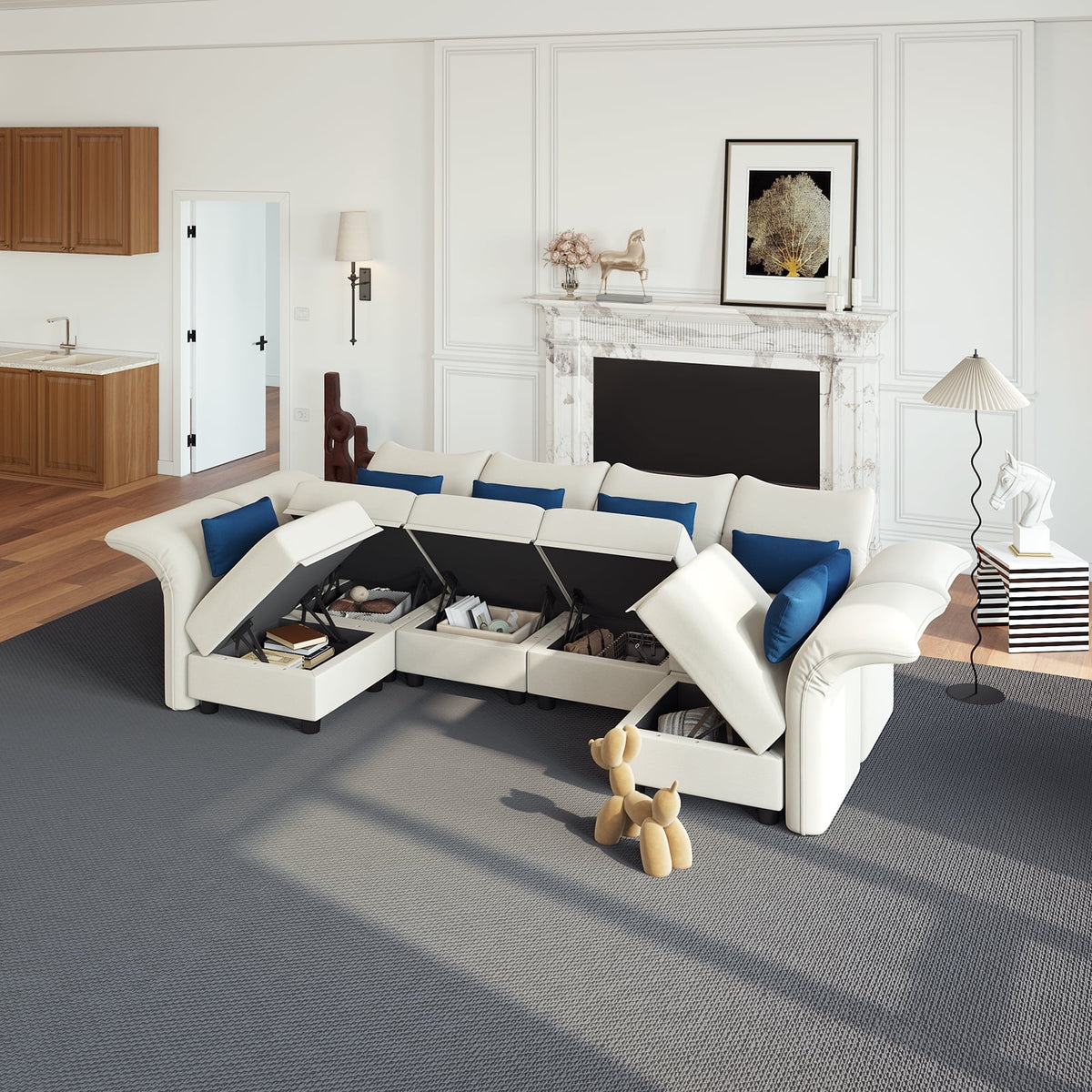 6-Seater Velvet U Shaped Modular Sectional Sofa with Storage Chaise G7055