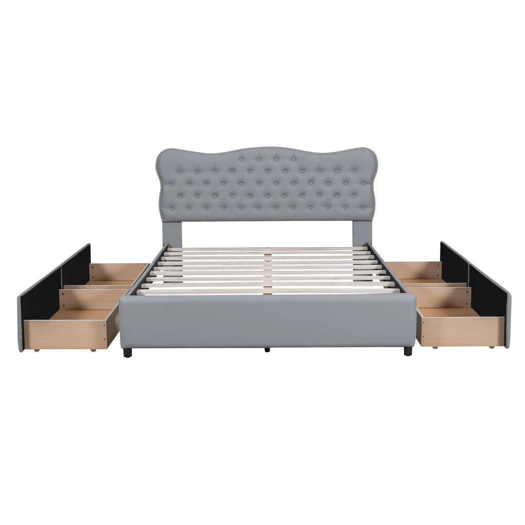 White Upholstered Queen Bed with 4 Drawers B303