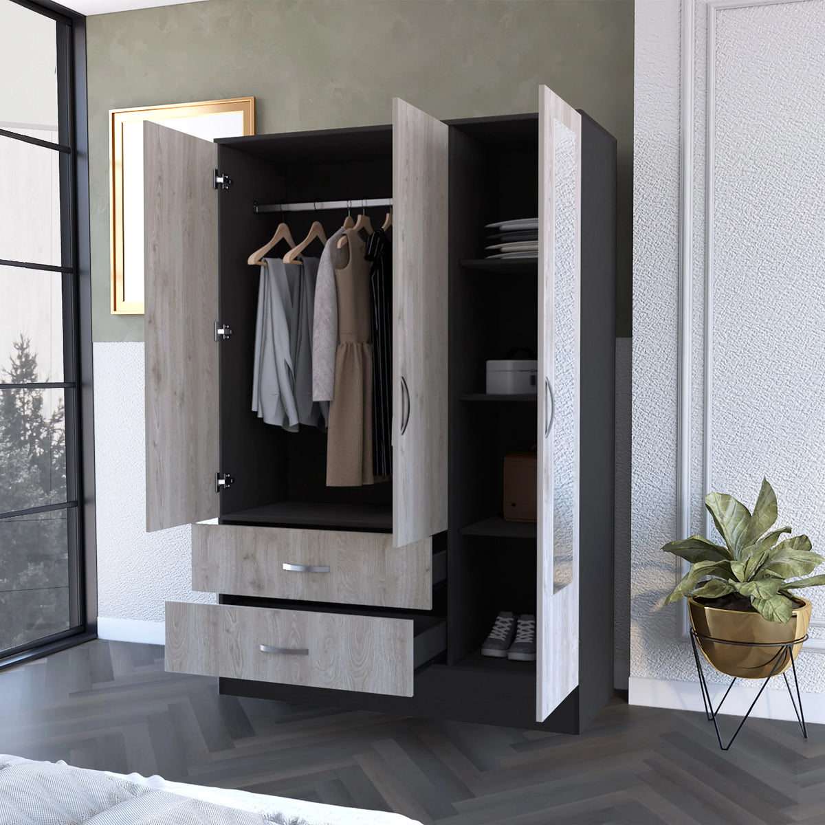 2-Drawer Small Armoire with Mirror Door Black Wengue and Light Gray J908