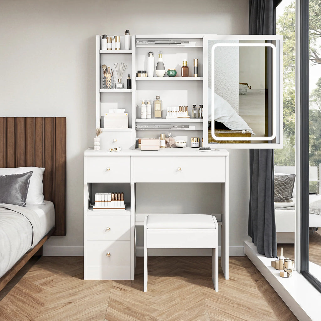 White Vanity Table with Lighted Mirror and Stool Y399362