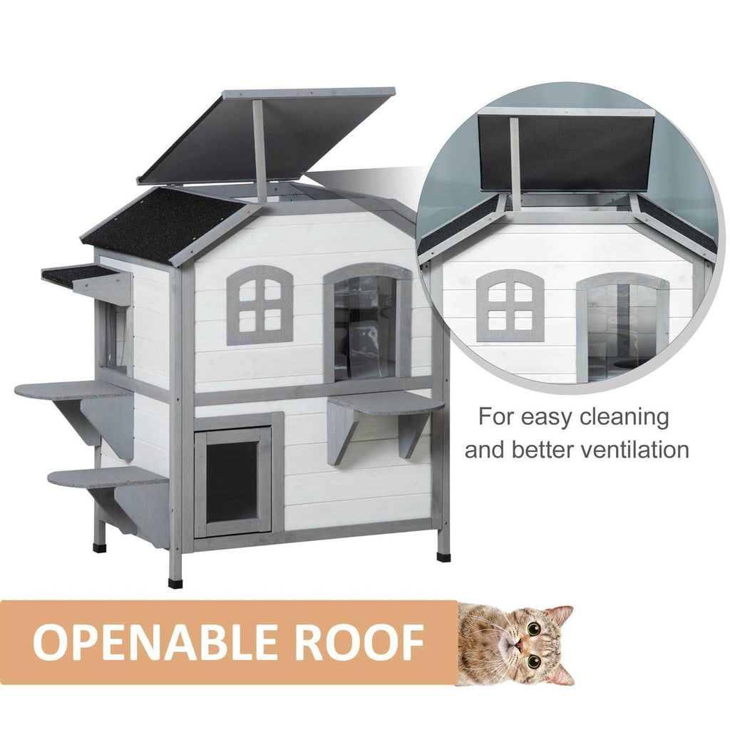 Wooden 2-Story Outdoor Cat House with Escape Door H32088