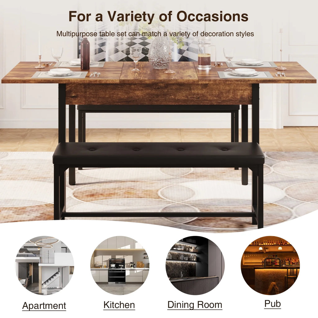 3-Piece Extendable Dining Table Set with Drawer and 2 Upholstered Benches D13119