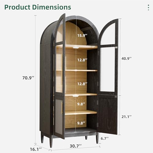 Black 63" Tall Arched Glass Door Storage Cabinet with 2 Rattan Drawers X143461