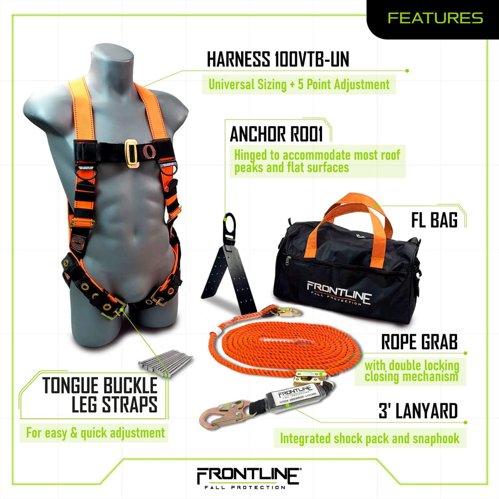 Roofers Kit with Full Body Harness, Vertical Lifeline, Rope Grab and Roof Anchor H191