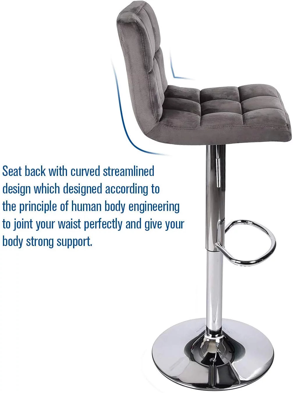 Set of 2 Gray Velvet Adjustable Swivel Bar Stool S94593