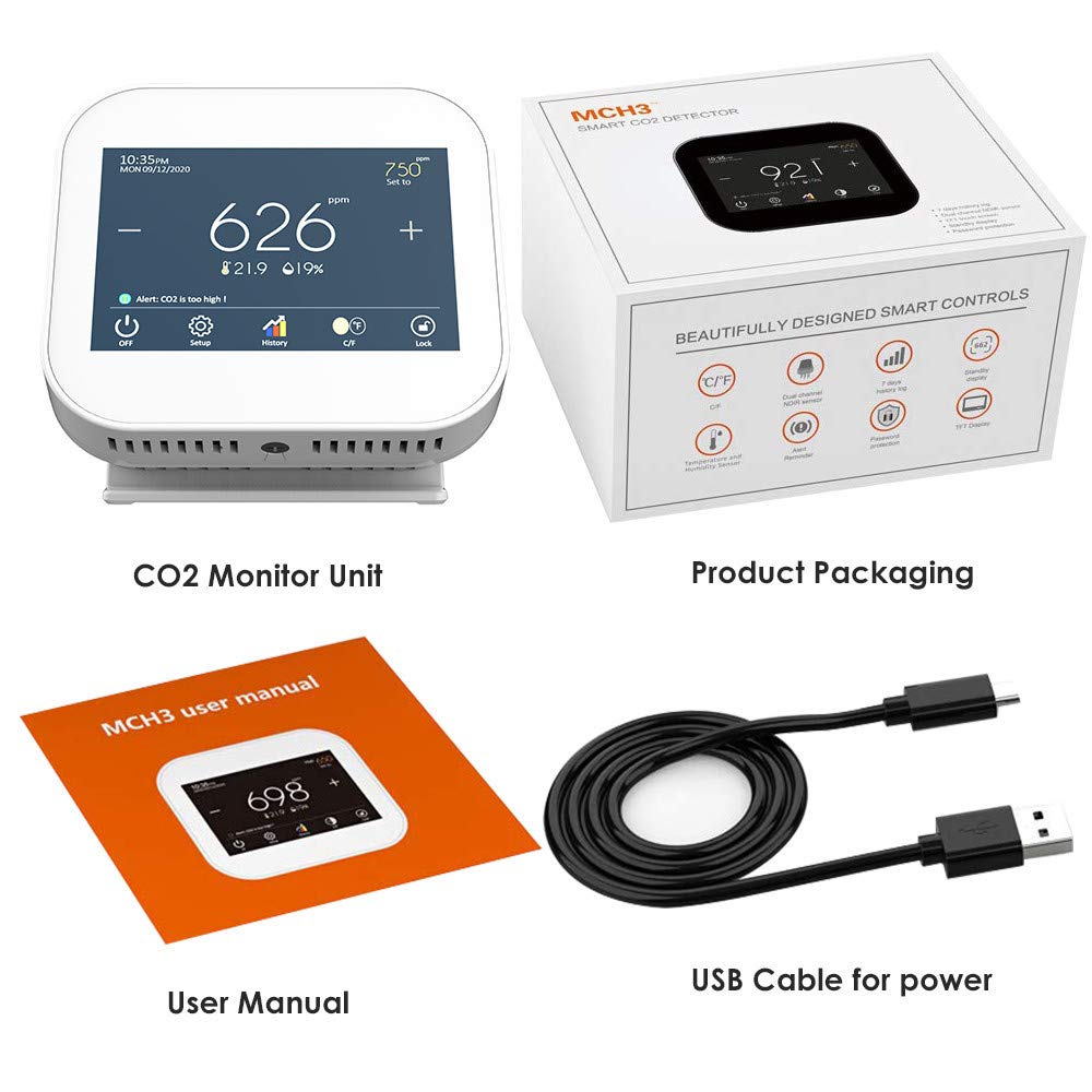 Indoor CO2 Meter Temperature and Relative Humidity Detector 0~9999ppm Pack of 2 A363187
