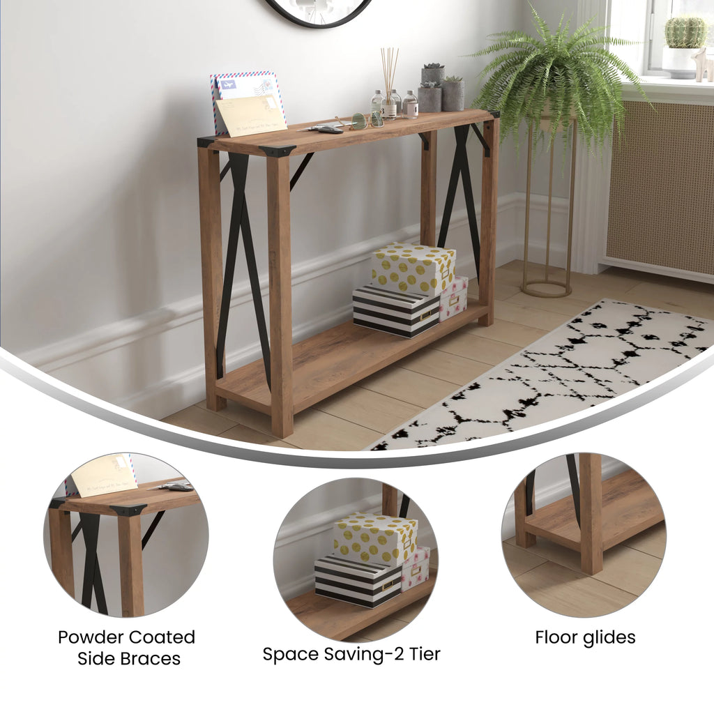 Rustic Oak Engineered Wood Console Table with Metal Accents W113036