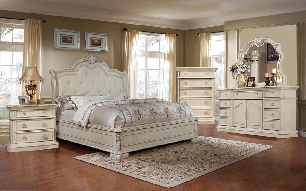 Antique White Tufted King Size Bedroom Set 6Pcs W7063