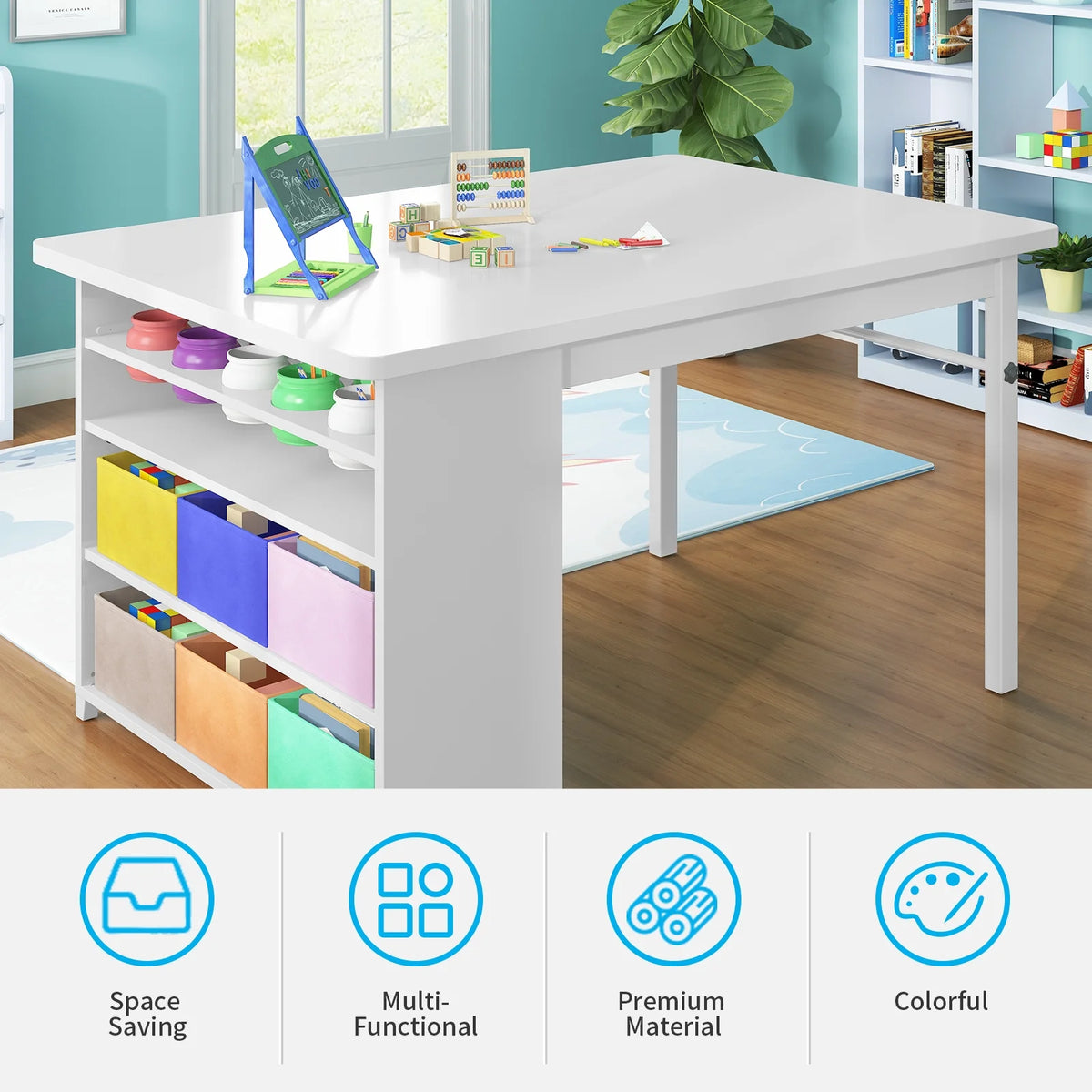 Kids' Art Table and Stools Set, Wooden Drawing Desk with Paper Roller and Storage Bins T77399