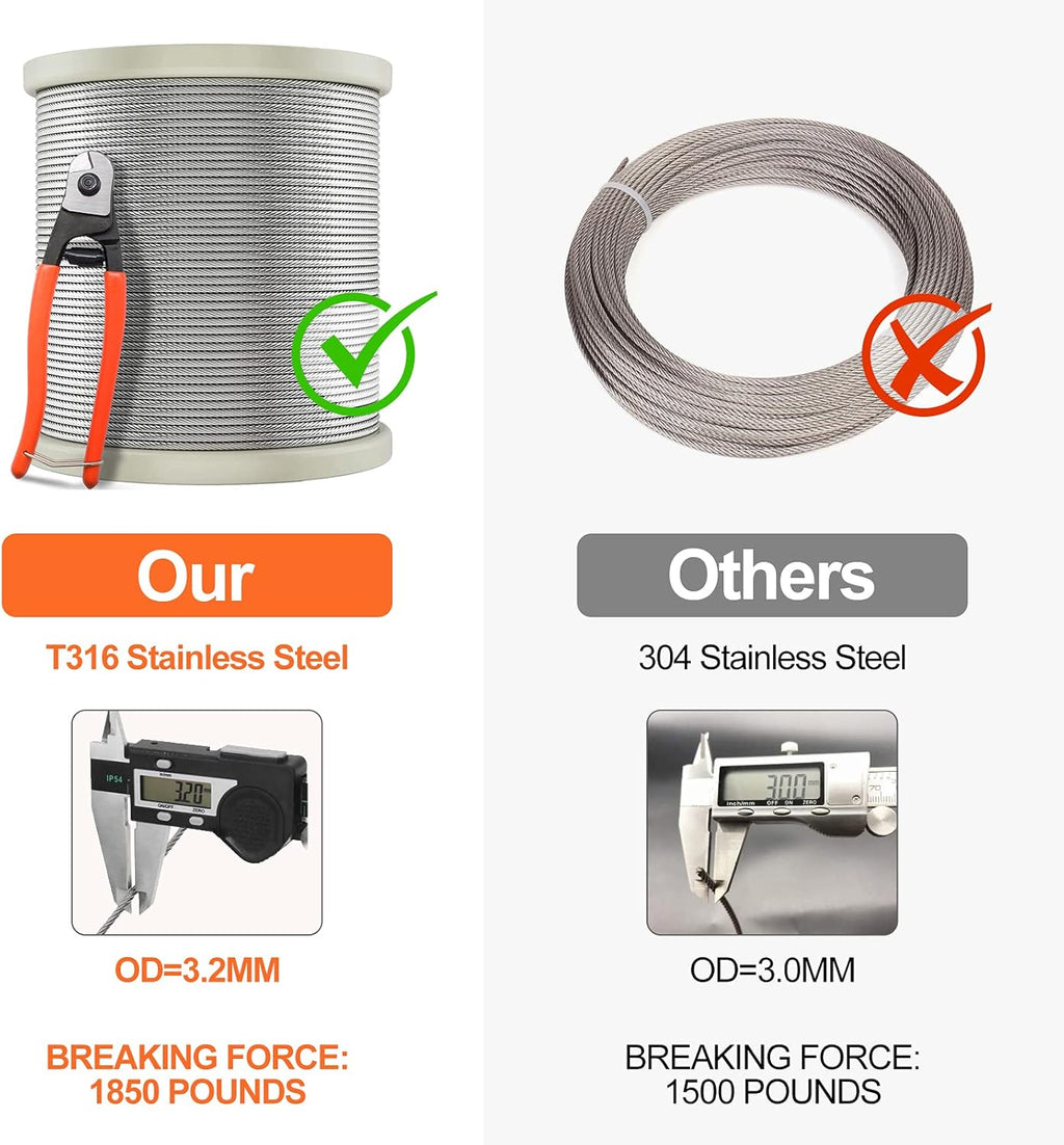 400FT 1/8 T316 Stainless Steel Wire Rope Cable with Cable Cutter S827060