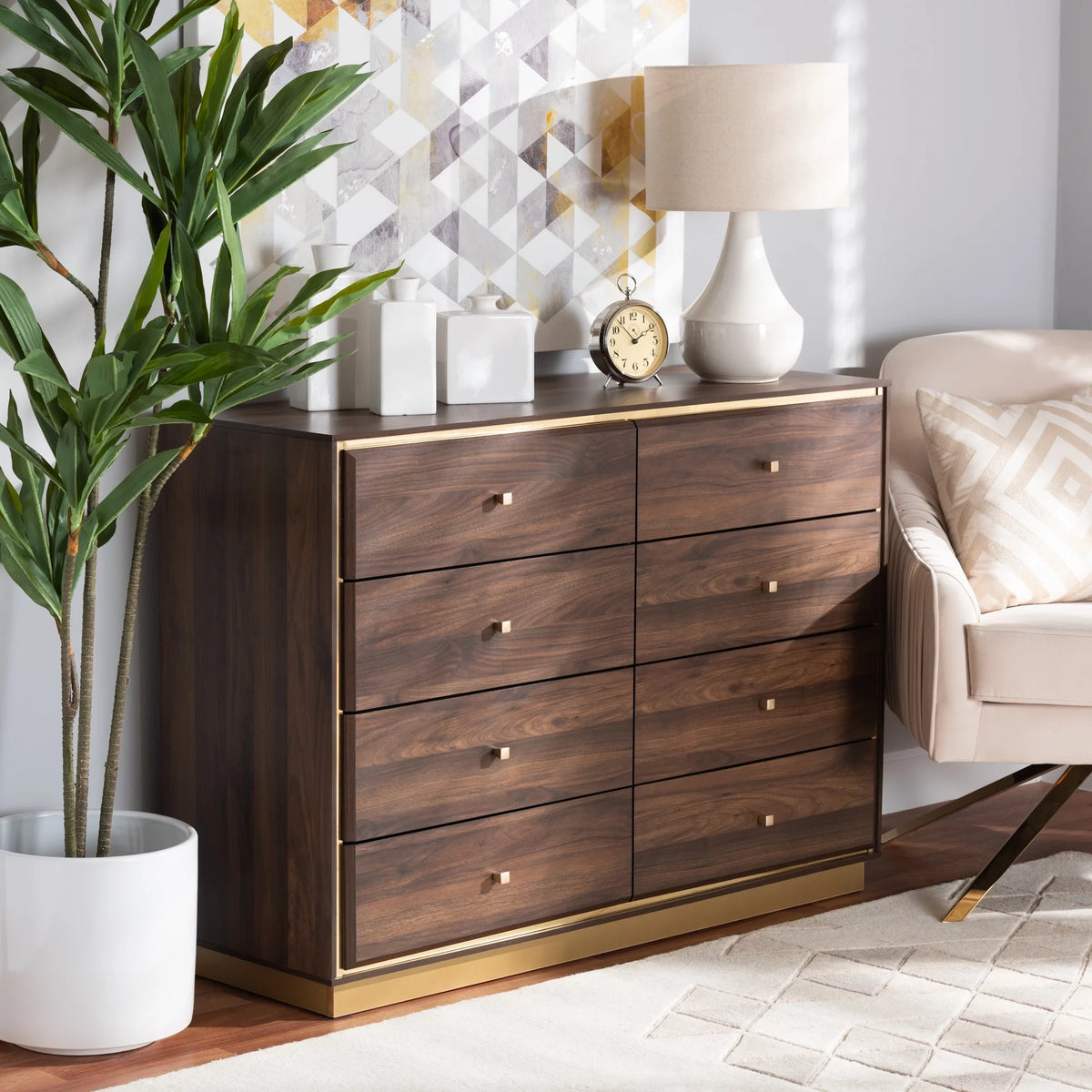 Walnut Brown Wood and Gold Metal 8-Drawer Dresser Q15883