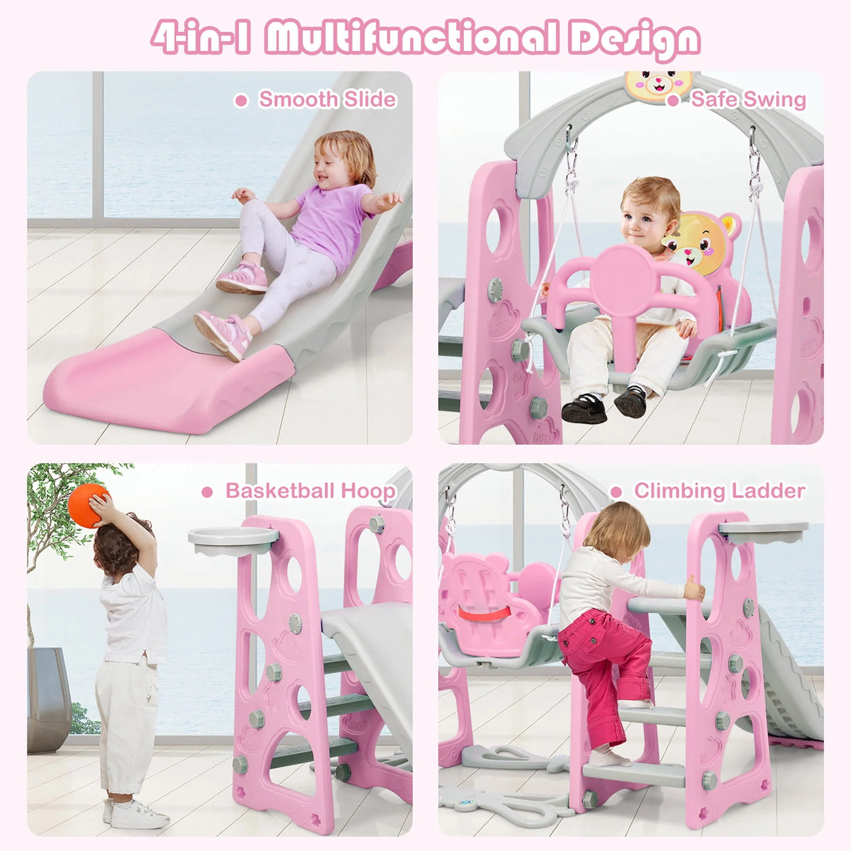 4-in-1 Toddler Climber and Swing Set with Basketball Hoop Pink V27059