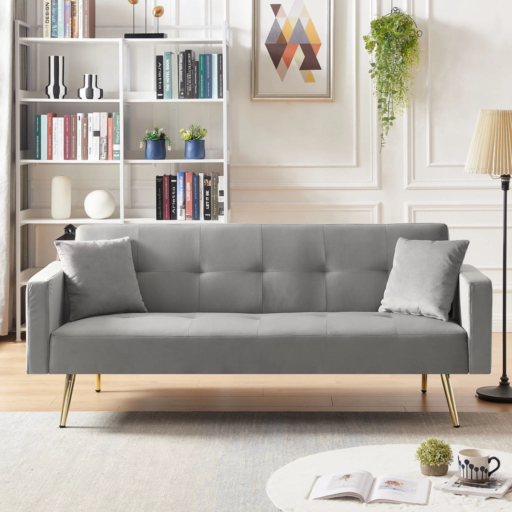 Gray Velvet Convertible Sofa Bed with 2 Pillows K765149