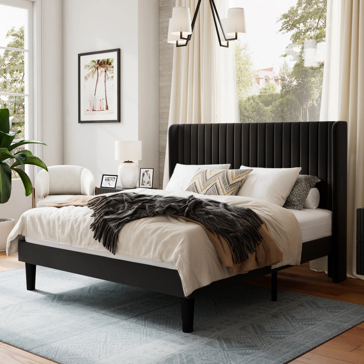 Queen Size Velvet Upholstered Platform Bed Frame Y714365
