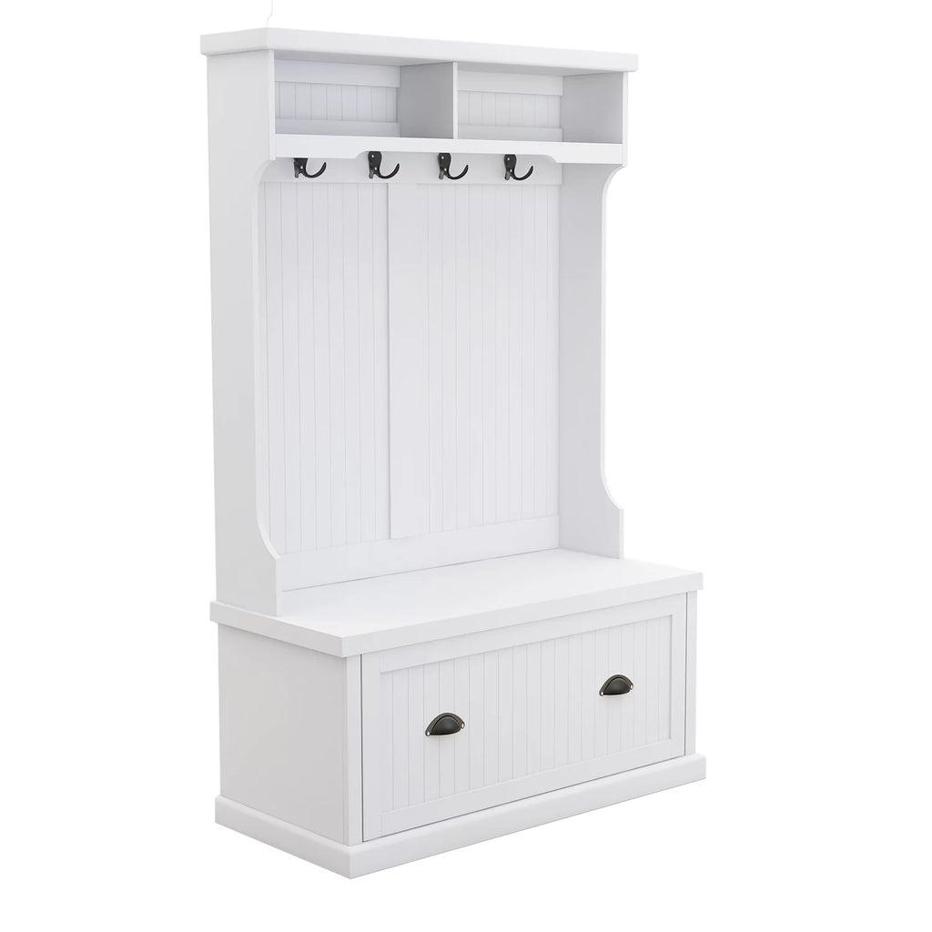 White Entryway Hall Tree with Coat Rack and Storage Bench T248275