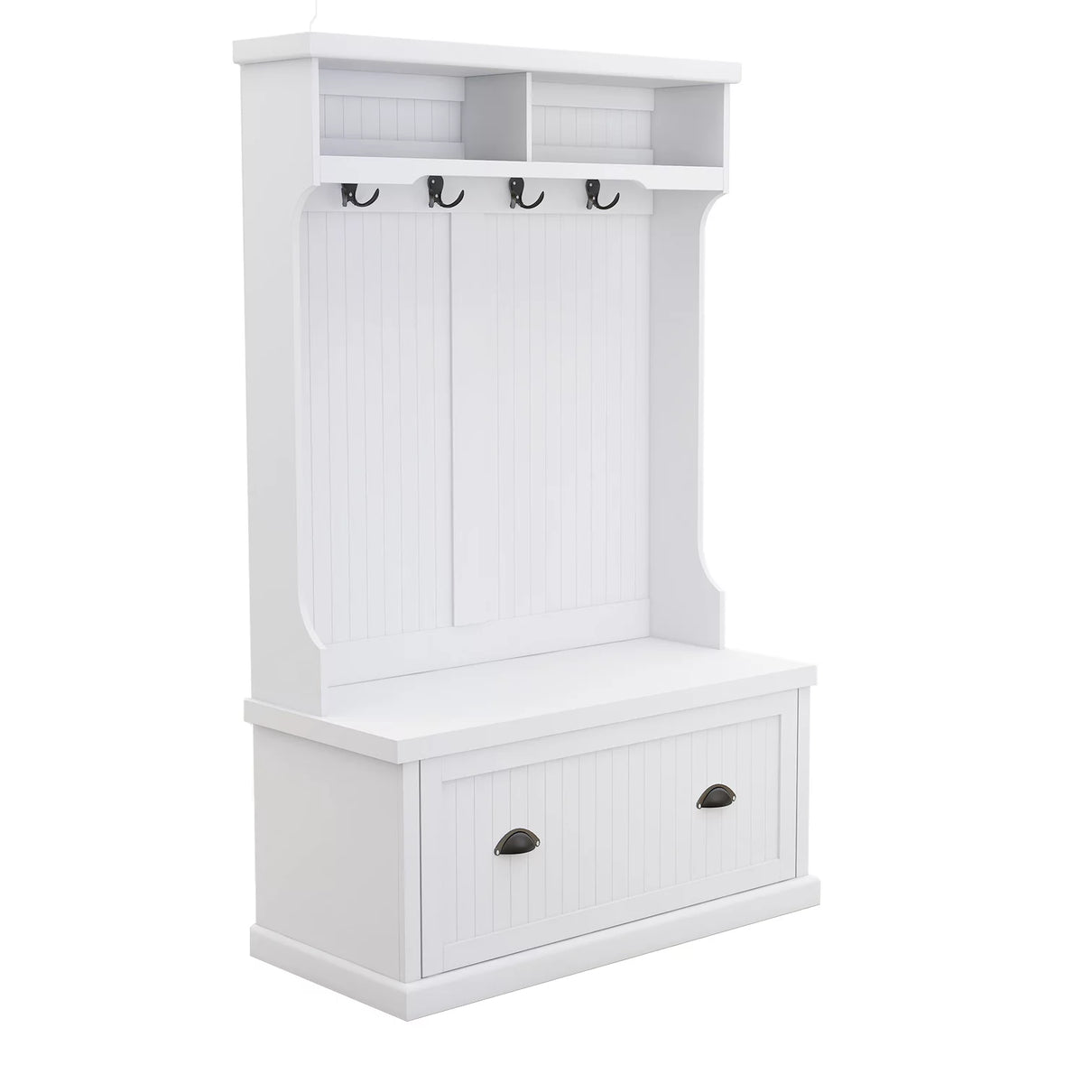 White Entryway Hall Tree with Coat Rack and Storage Bench T248275