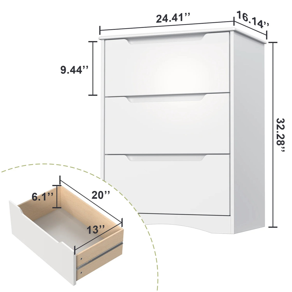 White 3 Drawer Wood Dresser W302