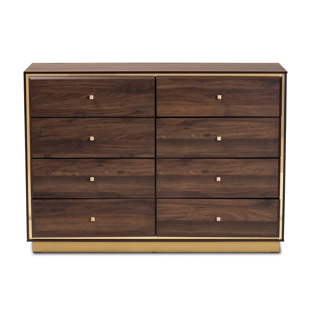 Walnut Brown Wood and Gold Metal 8-Drawer Dresser Q15883