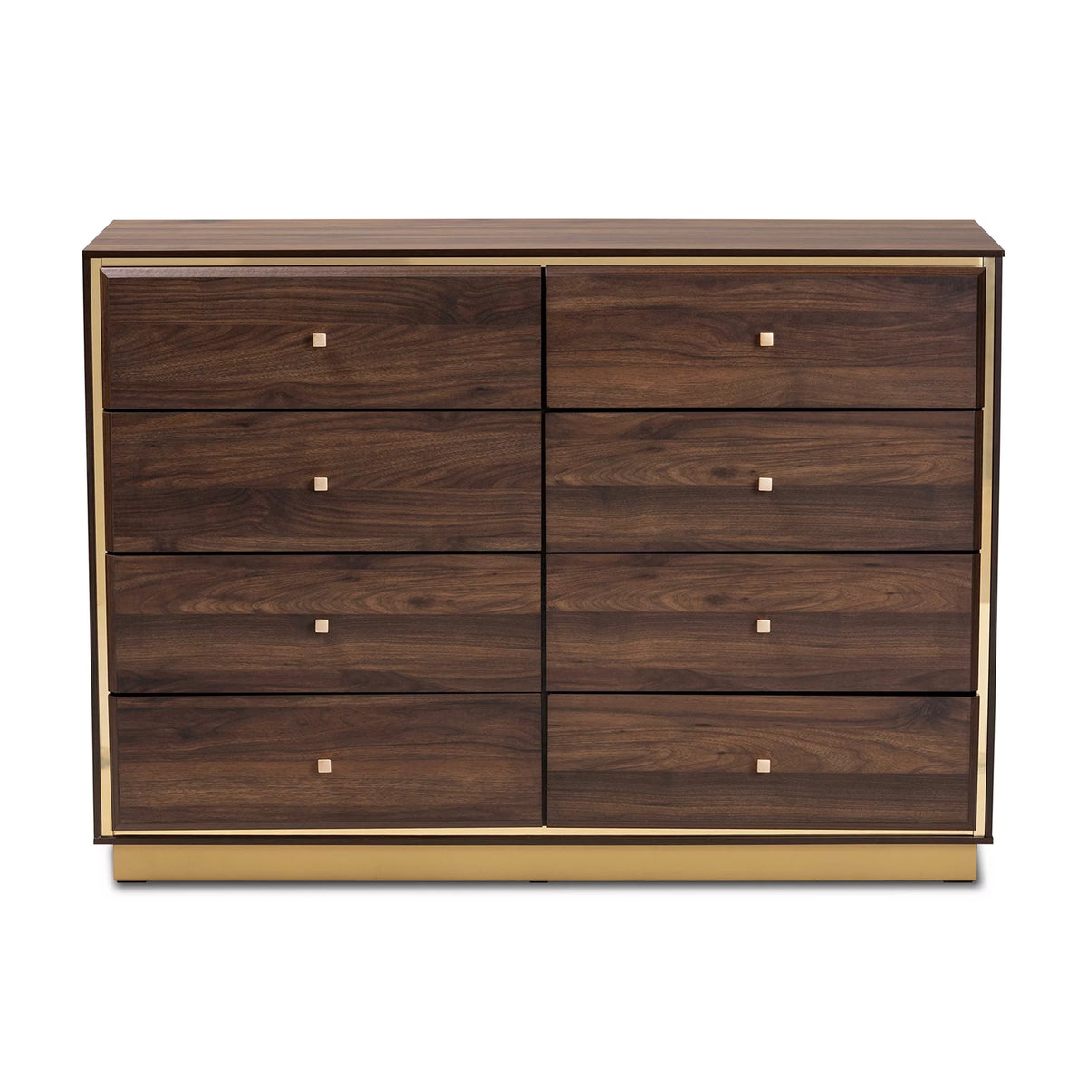 Walnut Brown Wood and Gold Metal 8-Drawer Dresser Q15883