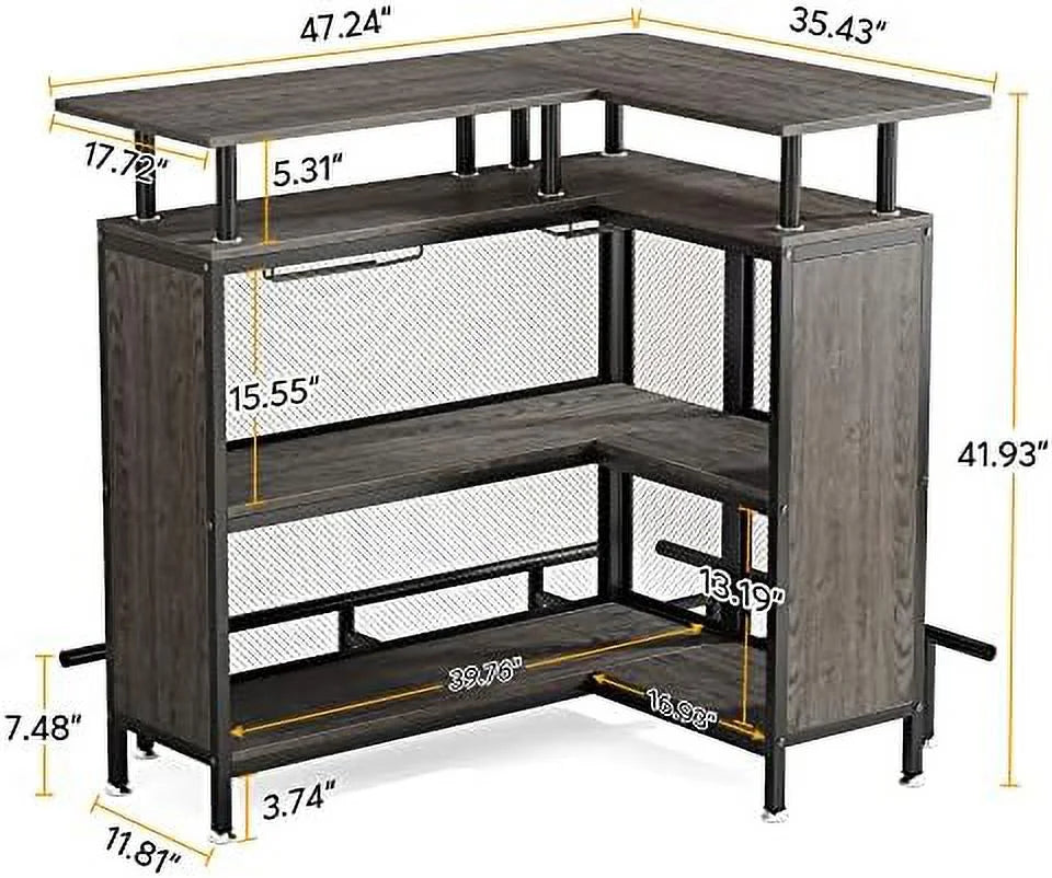 L-Shaped Liquor Table with Stemware Racks and 2-Tier Shelves Black H867118