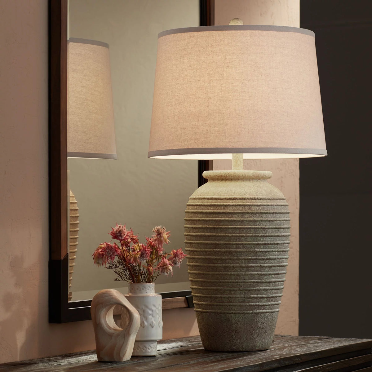 Table Lamp with USB Charging Port 28" Tall Linen Drum Shade W590768
