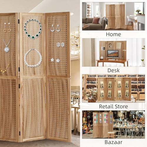 5.6Ft Wood Pegboard 4 Panel Folding Room Divider A8214