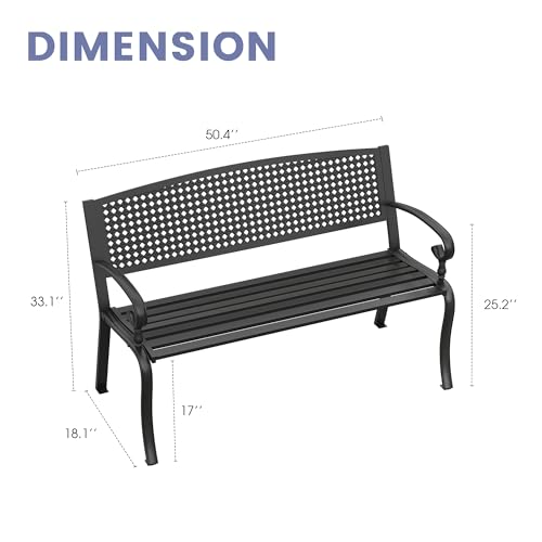 50” Long Black Metal Garden Bench with Backrest and Armrests K6118