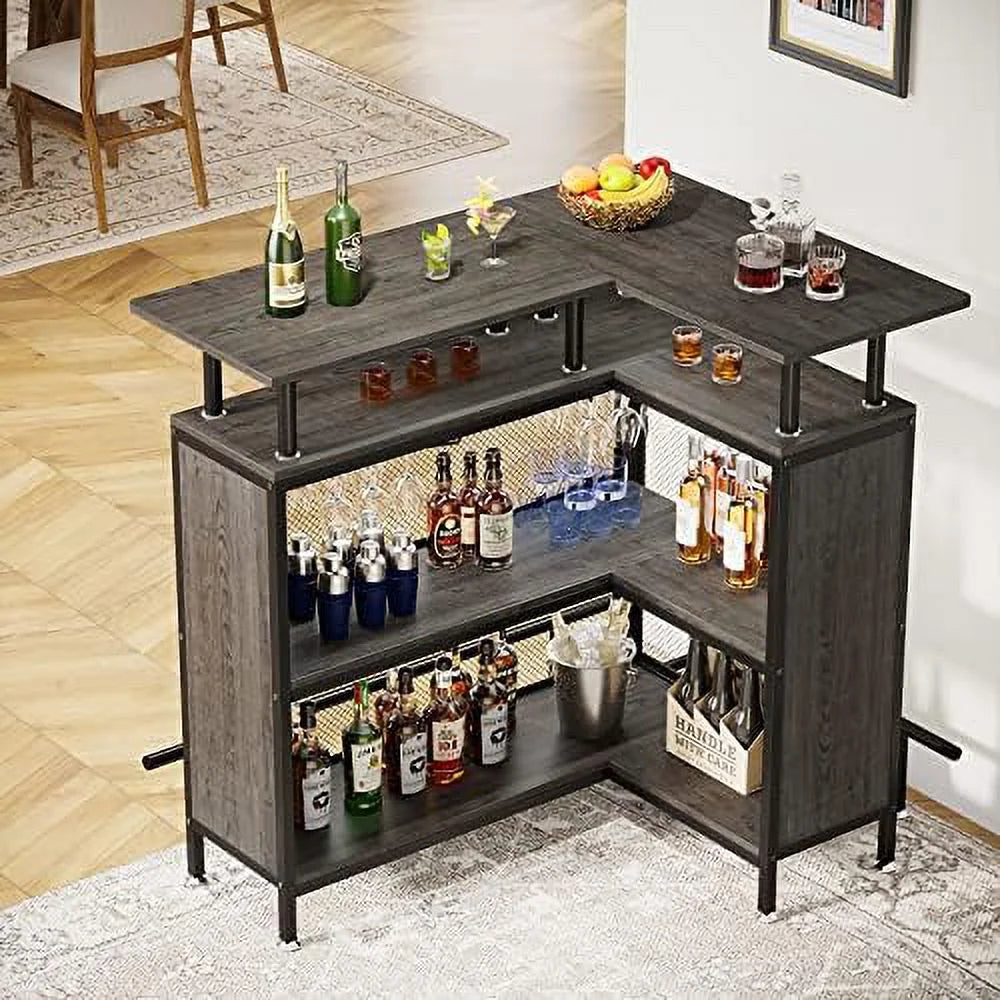 L-Shaped Liquor Table with Stemware Racks and 2-Tier Shelves Black H867118