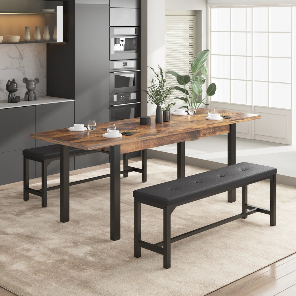 3-Piece Extendable Dining Table Set with Drawer and 2 Upholstered Benches D13119